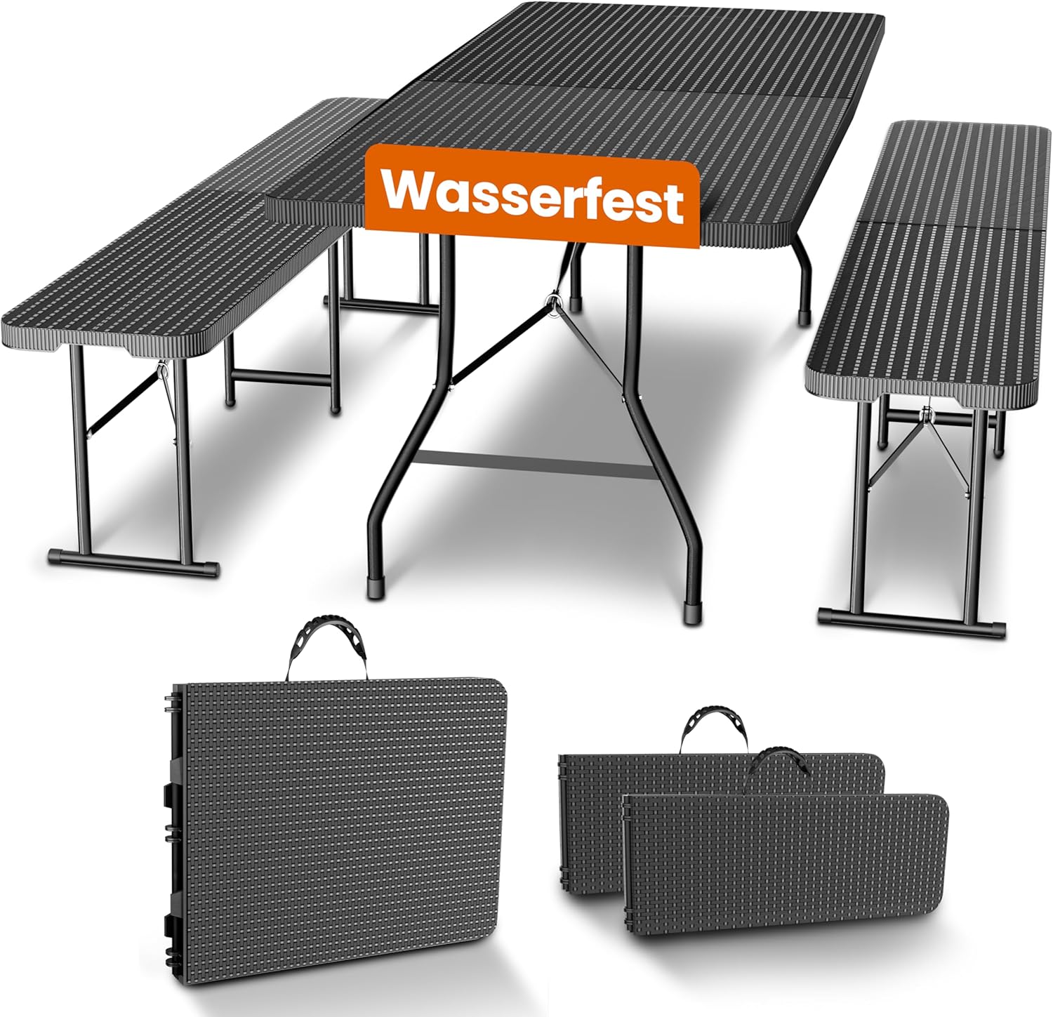 NewHabitat Bierzeltgarnitur 3er Set klappbar – Kunststoff Tisch 180 cm & 2 Bänke mit Tragegriff, Schwarz