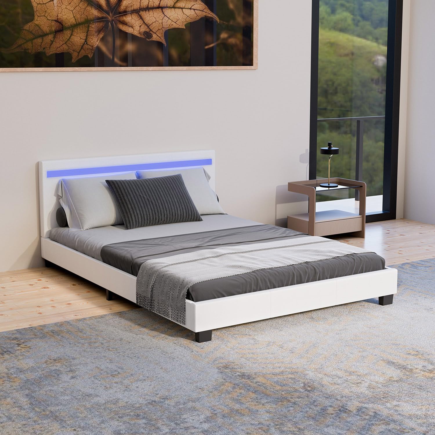 Juskys Polsterbett Paris 90x200 cm mit LED-Beleuchtung, Lattenrost & Kopfteil, Bett mit Gestell aus Holz & Webstoff Bezug, grau