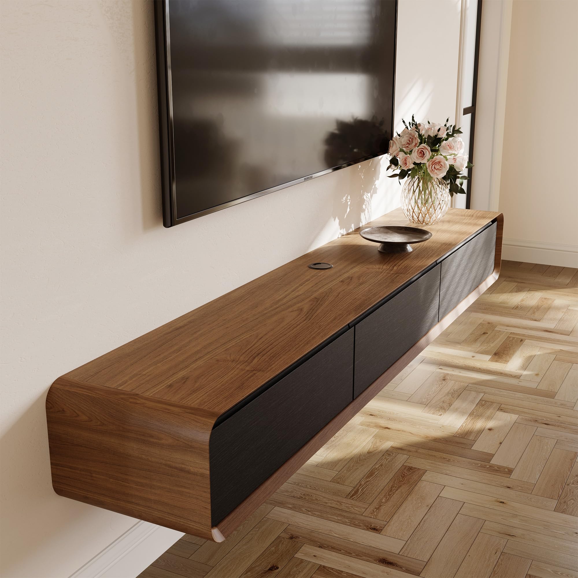 POVISON TV Schrank schwebend 160cm schwarz modern Walnussholz aus Massivholz mit 3 Schubladen, TV Lowboard hängend mit Kabelmanagement hochwertig, Komplettmöbel mit Stauraum für Wohnzimmer