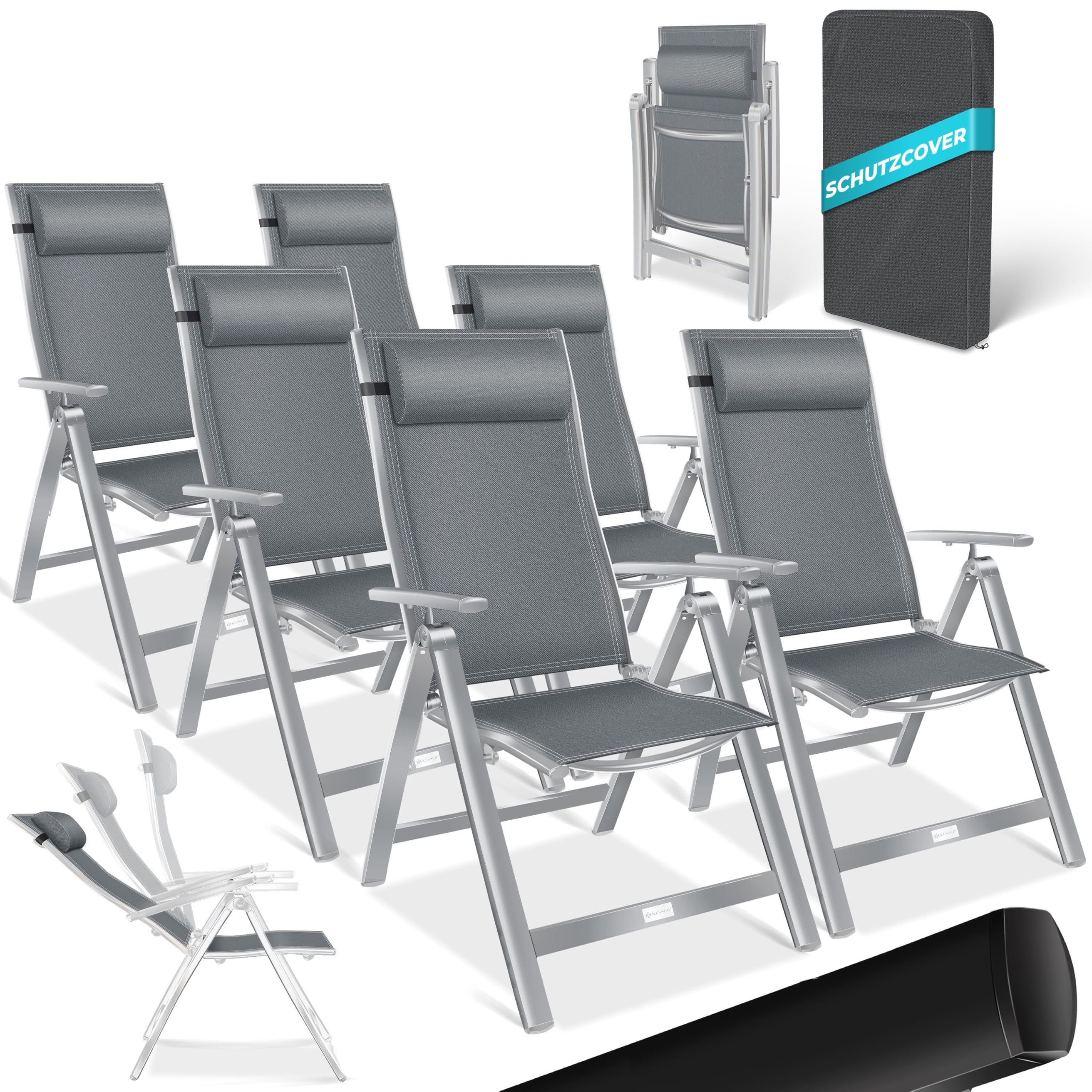 KESSER® Gartenstuhl Hochlehner mit Armlehnen 2er Set Aluminium Klappstuhl mit Kopfkissen & Abdeckung Campingstuhl 7-Fach Verstellbar Rückenlehne Atmungsaktiv Wetterfest Klappbar Anti-Rutsch, Anthrazit