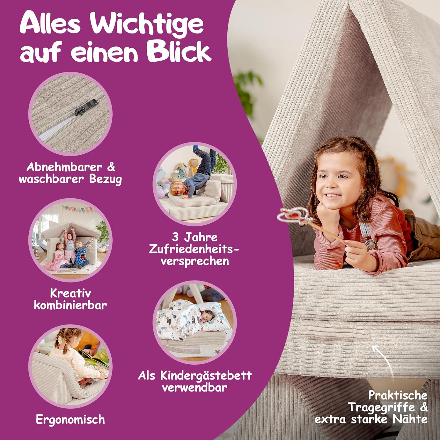 Linodino® Spielsofa Cord | Kindersofa aus Schaumstoff Bausteine - Spielsofa für Kinder & Kuschelecke im Kinderzimmer | Kindercouch | Oeko-TEX 100 Zertifiziert | Elfenzauber Beige