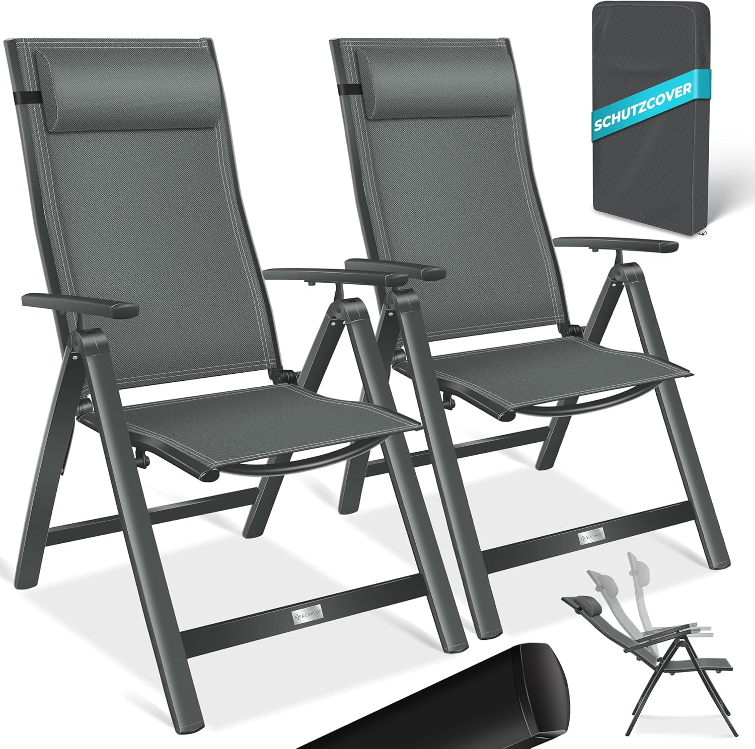 KESSER® Gartenstuhl Hochlehner mit Armlehnen 2er Set Aluminium Klappstuhl mit Kopfkissen & Abdeckung Campingstuhl 7-Fach Verstellbar Rückenlehne Atmungsaktiv Wetterfest Klappbar Anti-Rutsch, Anthrazit