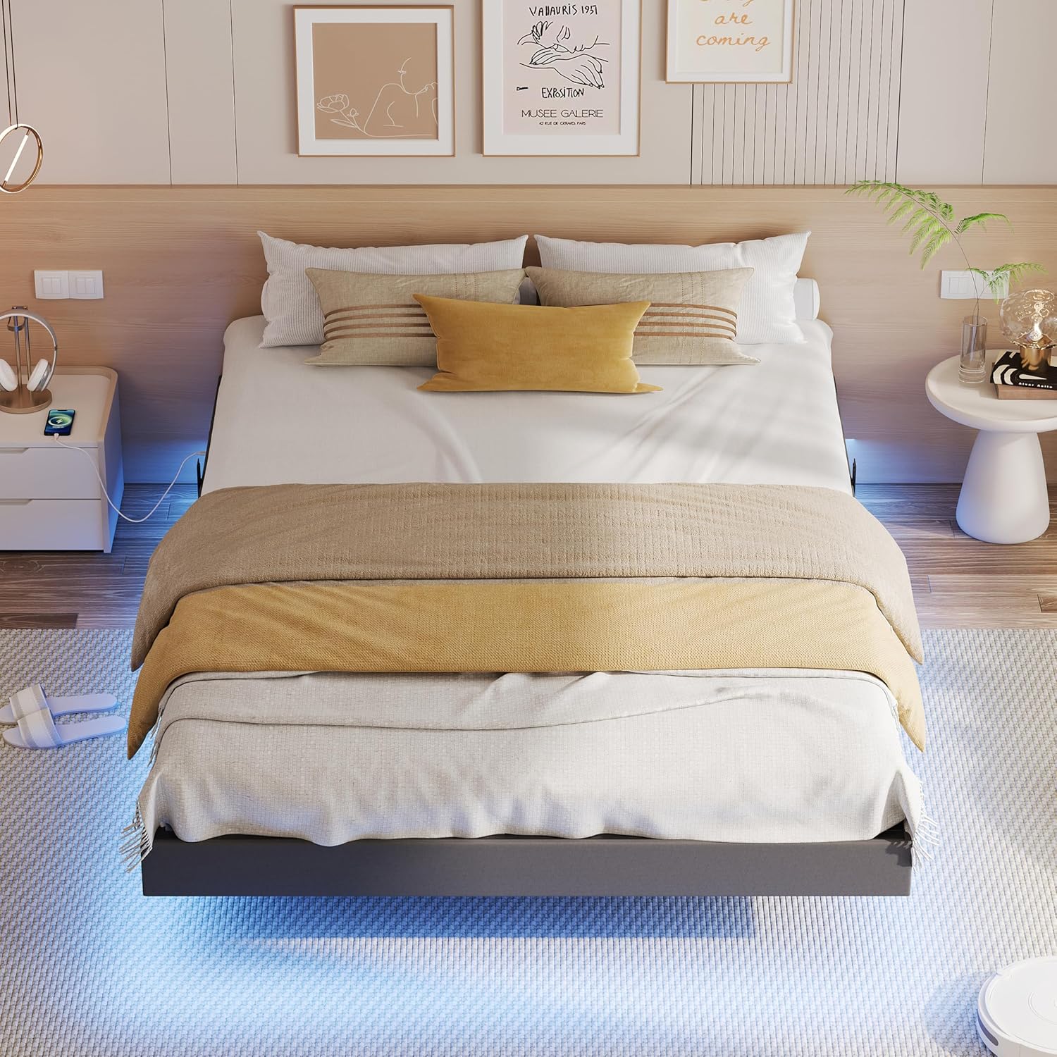 IRONCK Bett 140x200 mit LED Beleuchtung und Ladestation, Bettgestell 140x200 cm mit weicher Polsterung, Floating Bed Frame, Bettrahmen 140x200cm, Jugendbett, Metallbett mit Lattenrost Doppelbett, Grau