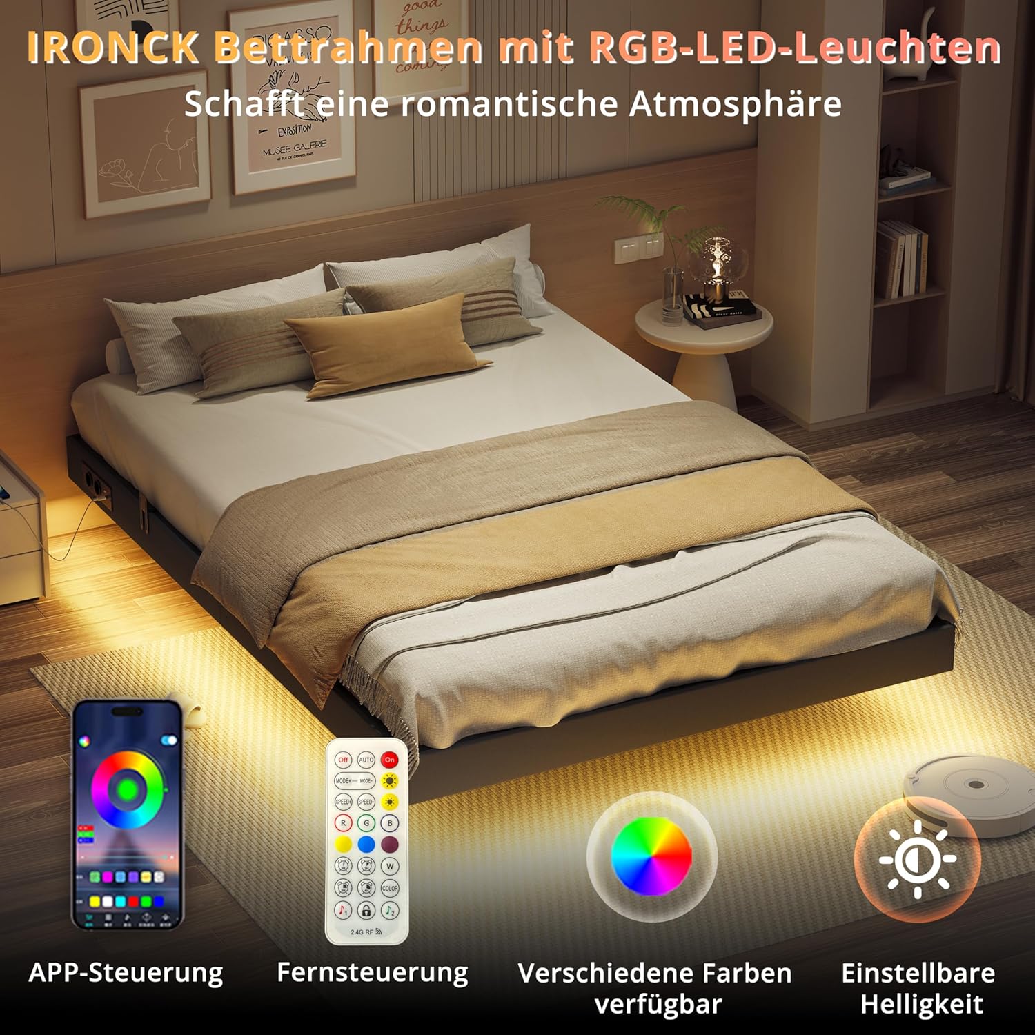 IRONCK Bett 140x200 mit LED Beleuchtung und Ladestation, Bettgestell 140x200 cm mit weicher Polsterung, Floating Bed Frame, Bettrahmen 140x200cm, Jugendbett, Metallbett mit Lattenrost Doppelbett, Grau