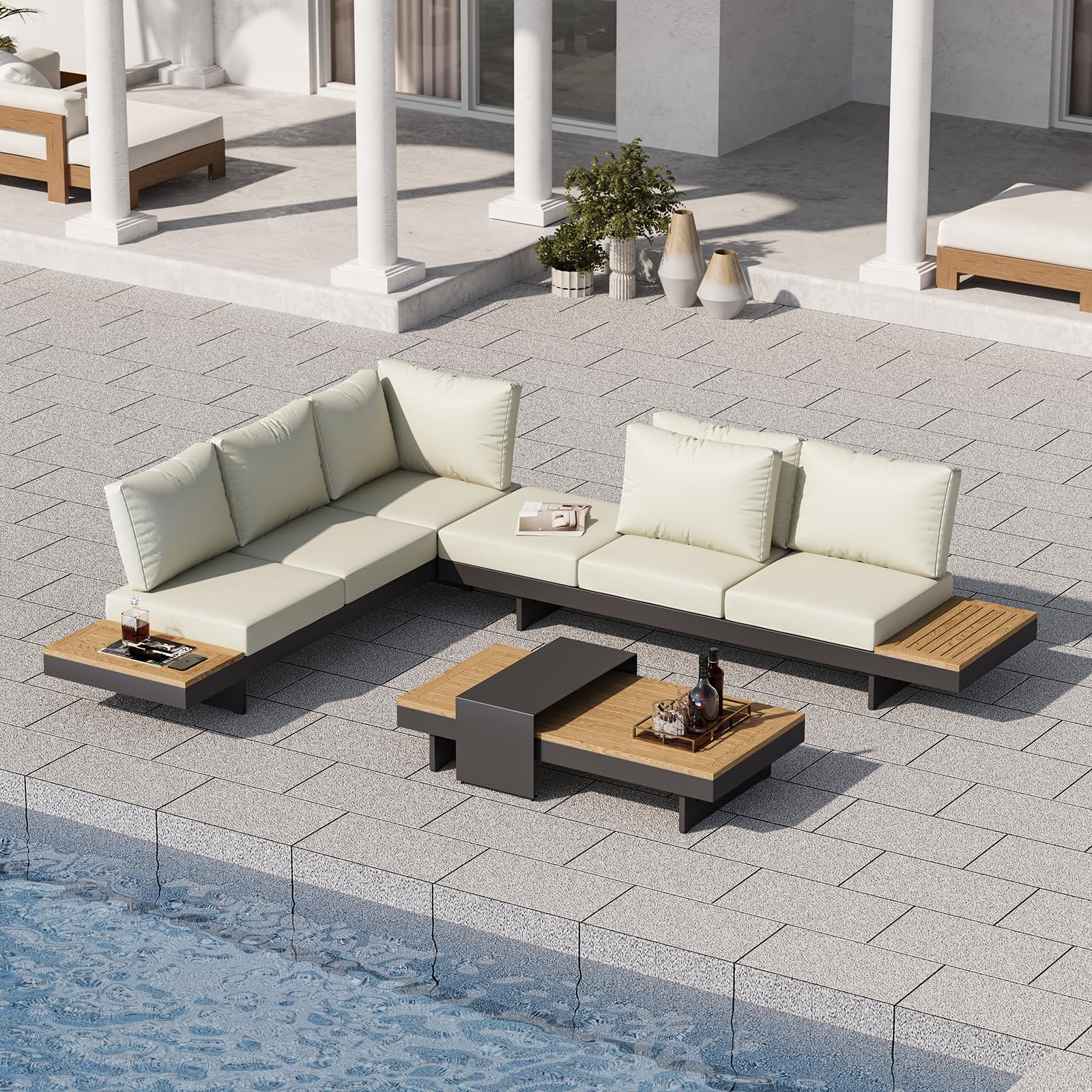 Homary 6-Teiliges Aluminium- Und Teak Outdoor Sofa Set Mit Feuerstelle, Glas-Windschutz Und Modularer Patio Conversation Set Für Terrasse, Balkon & Garten, Beige
