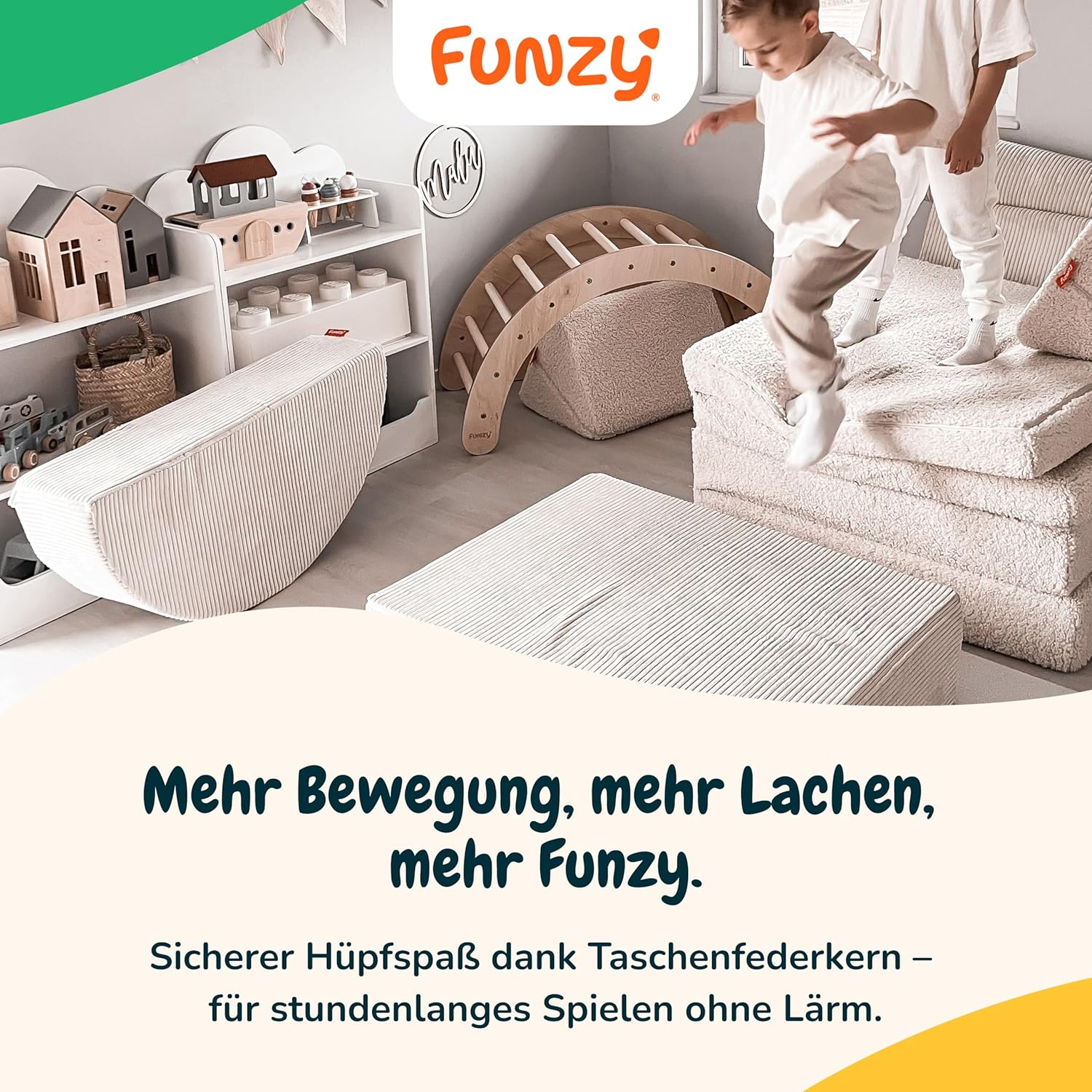 Funzy Hüpfpolster für Kinder 85x65x21 cm, Hüpfmatratze mit Taschenfederkern, Cord-Bezug Waschbar, Schadstofffrei, Motorik-Spielkissen, Cord Koala Grau