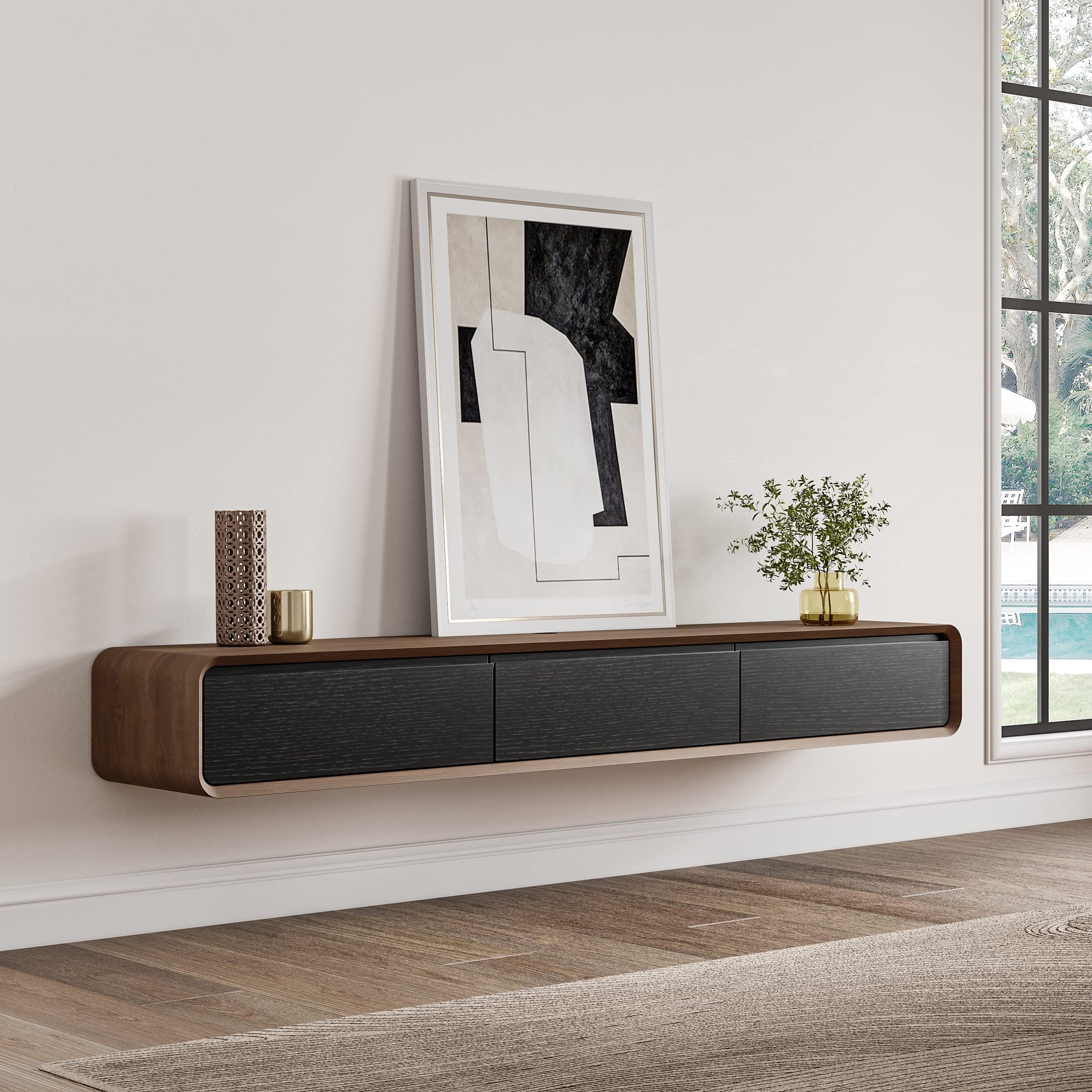 POVISON TV Schrank schwebend 160cm schwarz modern Walnussholz aus Massivholz mit 3 Schubladen, TV Lowboard hängend mit Kabelmanagement hochwertig, Komplettmöbel mit Stauraum für Wohnzimmer