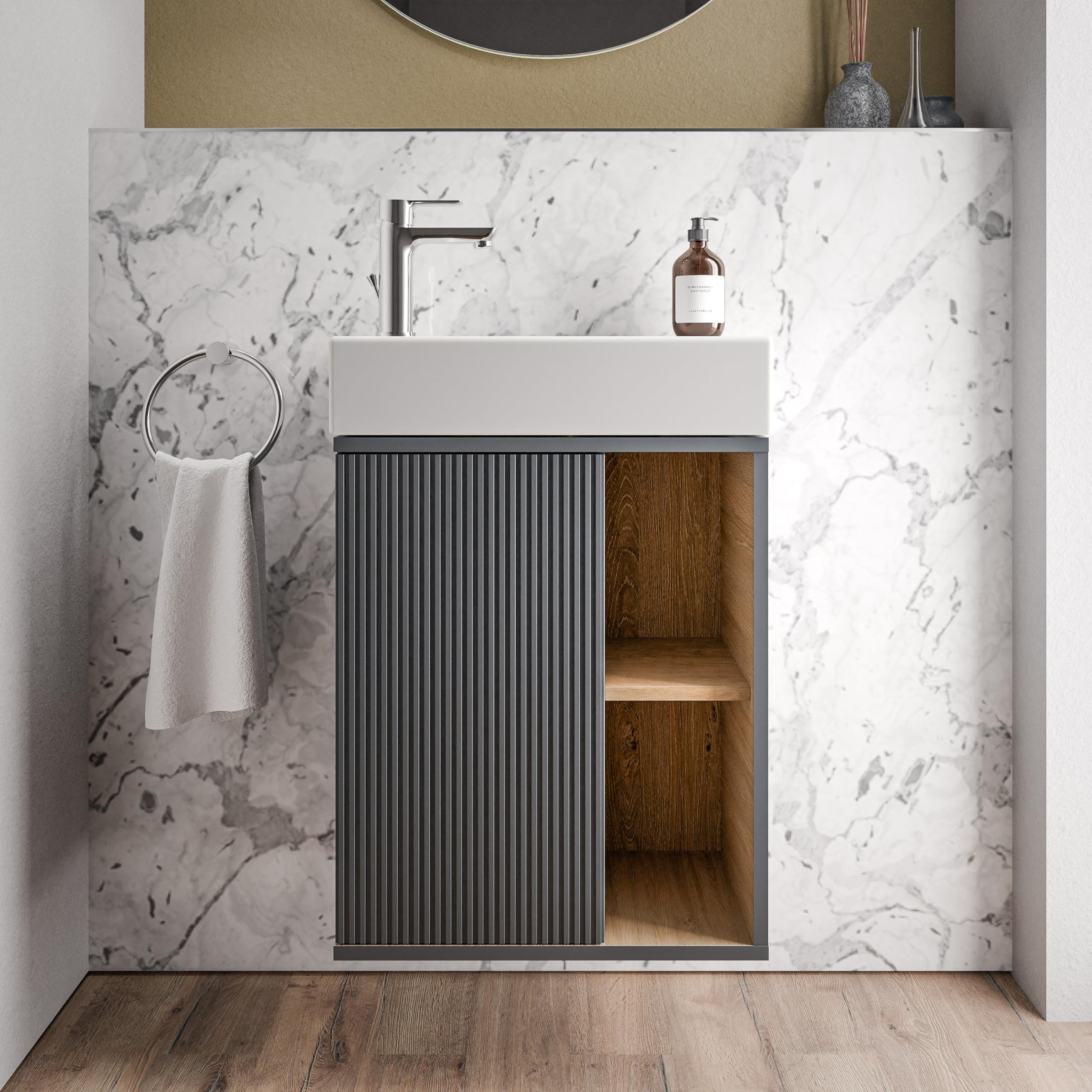 BERNSTEIN Kleines Badmöbelset BELDIVO in Azurblau - 50 x 24,3 x 60 cm - Waschtischunterschrank mit Duravit Keramik-Waschbecken, Türanschlag Links, Push-to-Open - Vormontiert - 5 Jahren Garantie