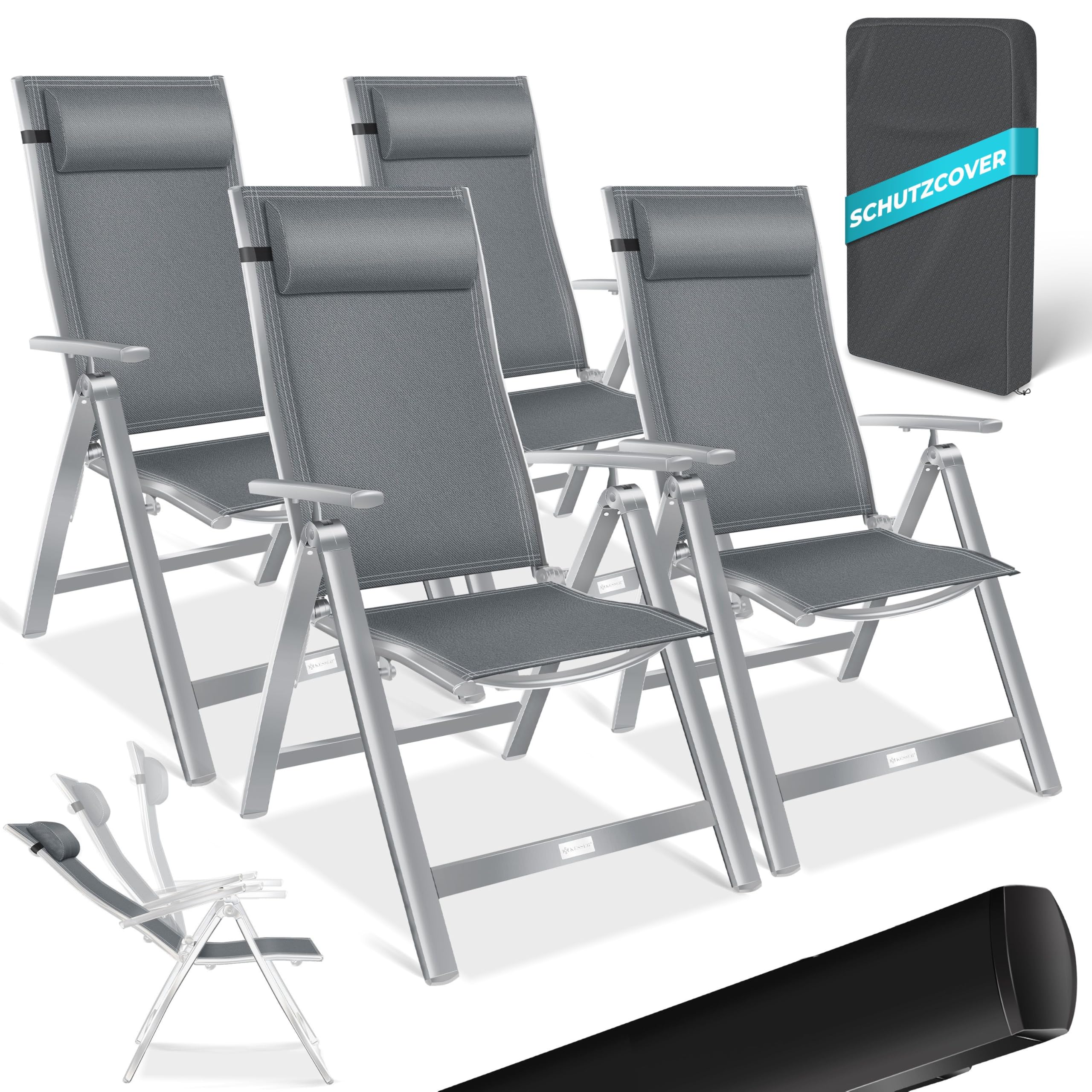 KESSER® Gartenstuhl Hochlehner mit Armlehnen 2er Set Aluminium Klappstuhl mit Kopfkissen & Abdeckung Campingstuhl 7-Fach Verstellbar Rückenlehne Atmungsaktiv Wetterfest Klappbar Anti-Rutsch, Anthrazit