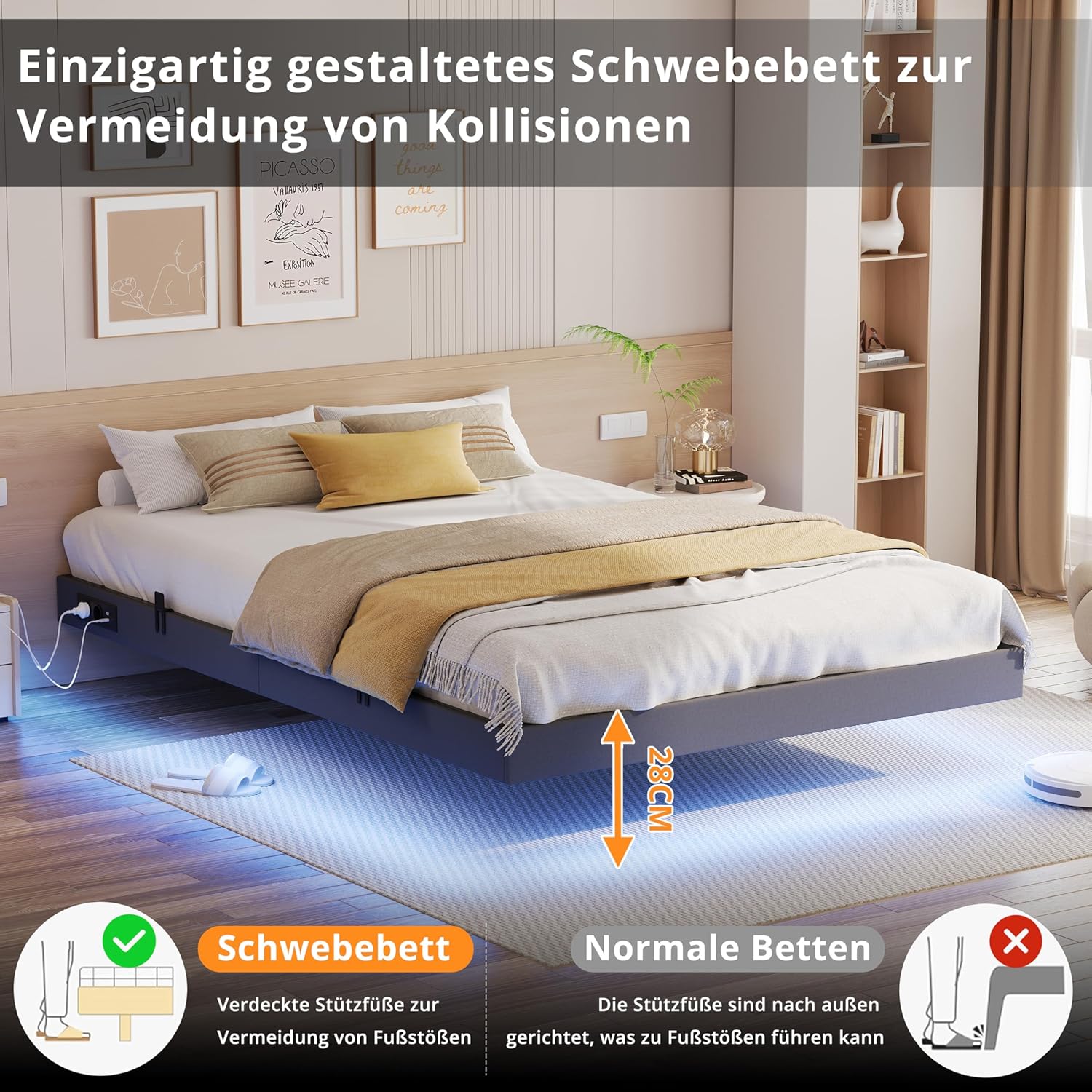 IRONCK Bett 140x200 mit LED Beleuchtung und Ladestation, Bettgestell 140x200 cm mit weicher Polsterung, Floating Bed Frame, Bettrahmen 140x200cm, Jugendbett, Metallbett mit Lattenrost Doppelbett, Grau