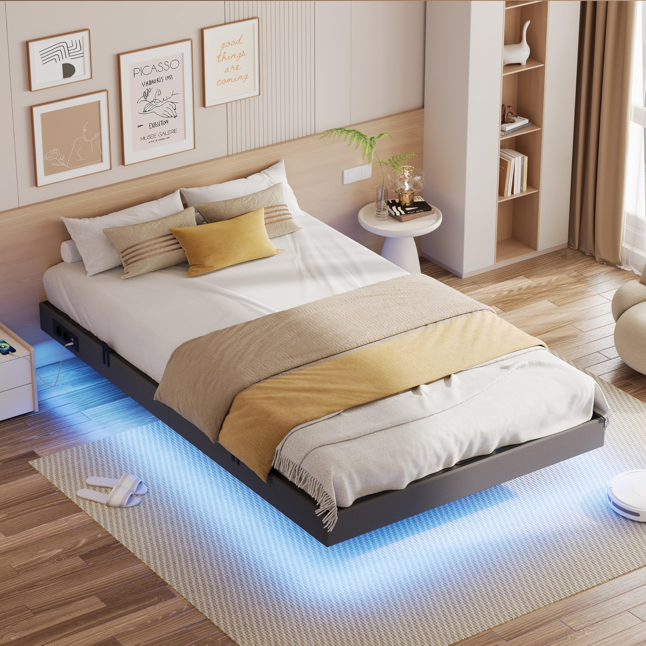 IRONCK Bett 140x200 mit LED Beleuchtung und Ladestation, Bettgestell 140x200 cm mit weicher Polsterung, Floating Bed Frame, Bettrahmen 140x200cm, Jugendbett, Metallbett mit Lattenrost Doppelbett, Grau