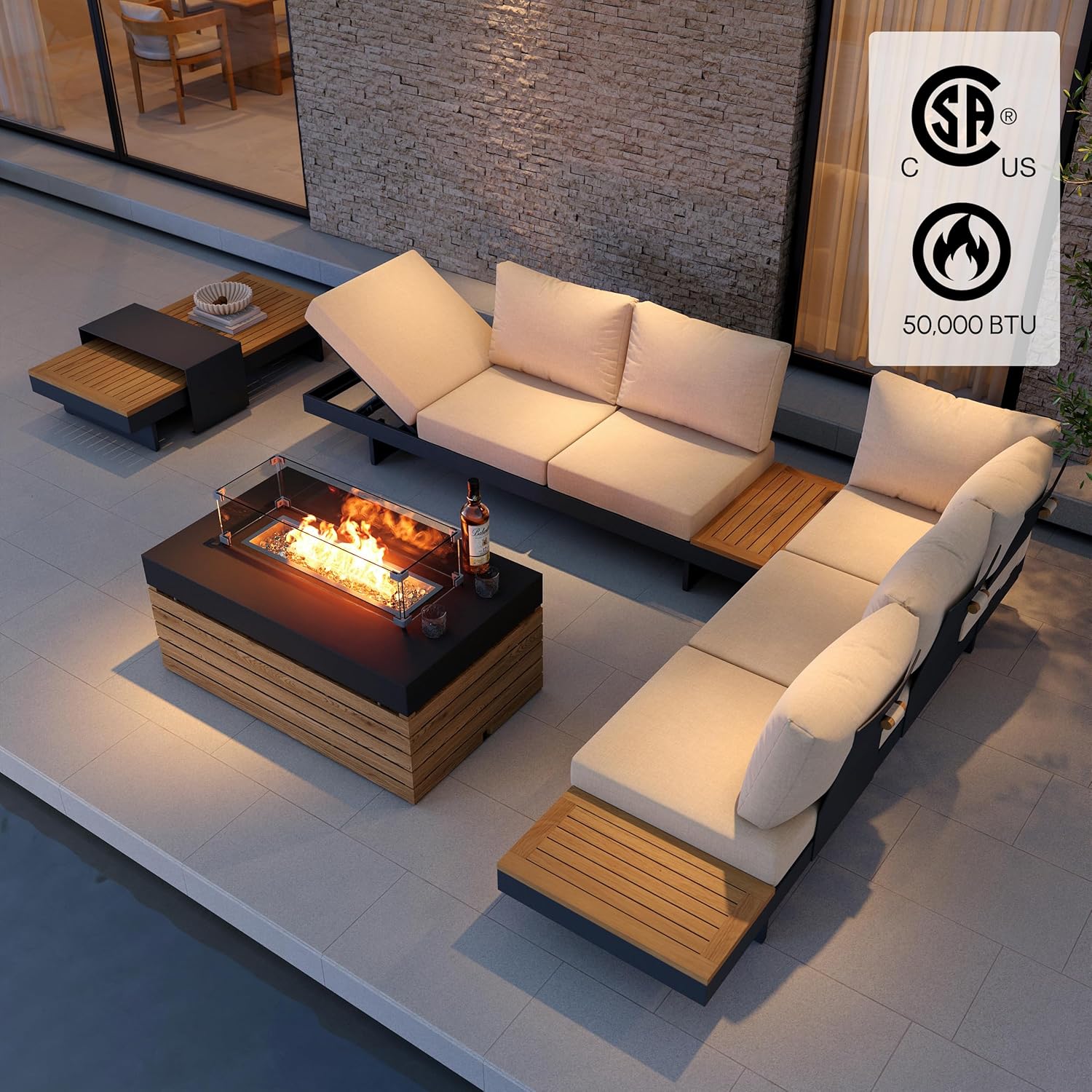 Homary 6-teiliges Outdoor Sofa Set – Aluminium & Teak Gartenlounge mit Feuerstelle, modular, wetterfest