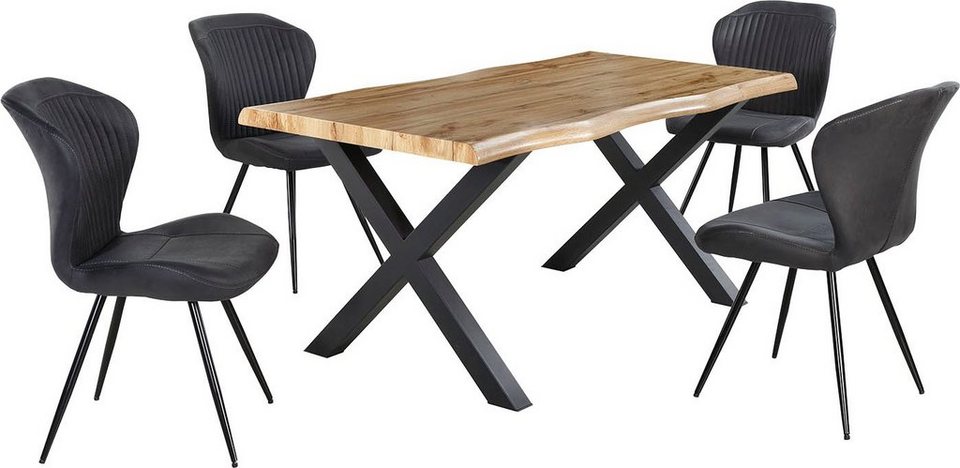 Esstisch Marlon mit Baumkantenoptik – Holzwerkstoff Tischplatte, Metallgestell Schwarz, X-Form, Modern