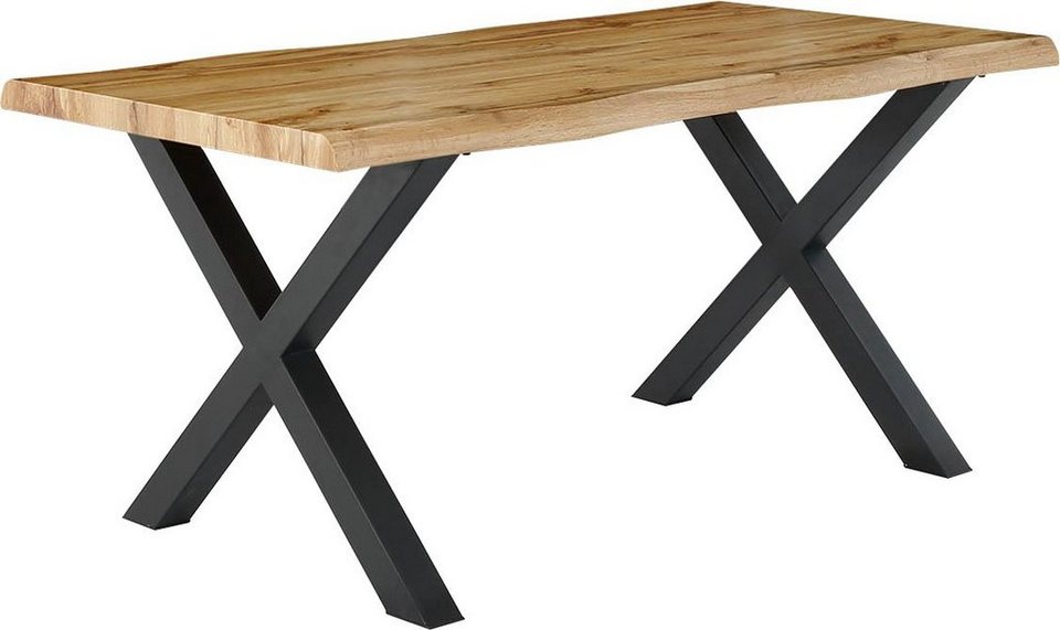 Esstisch Marlon mit Baumkantenoptik – Holzwerkstoff Tischplatte, Metallgestell Schwarz, X-Form, Modern