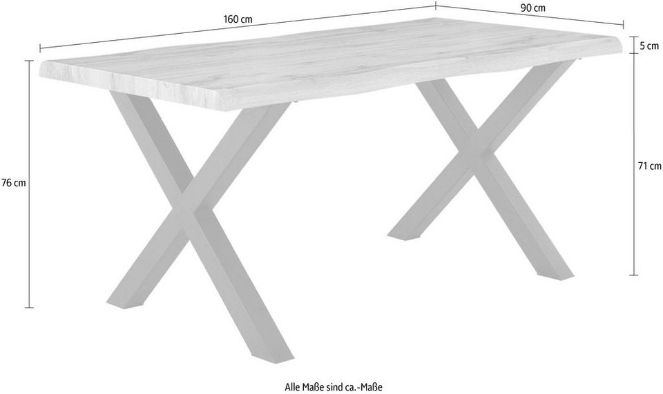 Esstisch Marlon mit Baumkantenoptik – Holzwerkstoff Tischplatte, Metallgestell Schwarz, X-Form, Modern