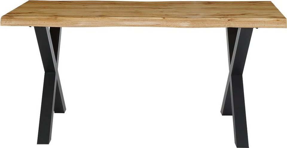 Esstisch Marlon mit Baumkantenoptik – Holzwerkstoff Tischplatte, Metallgestell Schwarz, X-Form, Modern