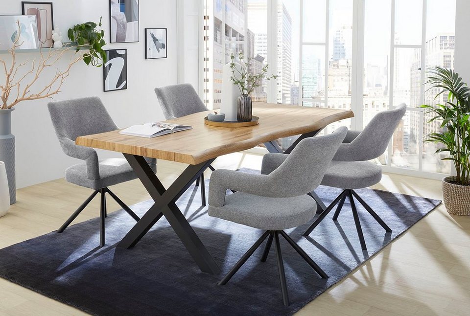 Esstisch Marlon mit Baumkantenoptik – Holzwerkstoff Tischplatte, Metallgestell Schwarz, X-Form, Modern